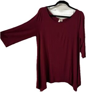 Misia Women Size L Tunic Top Burgundy 3/4 Sleeve Pullover Asymmetric Hem Y2K
